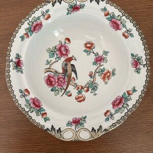Antique Porcelain Decorative Bowl with Pink Floral & Green Accents.